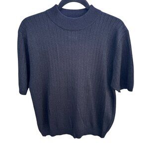 Sag Harbor Vintage Womens Black Ribbed Short Sleeve Metallic Knit Mock Neck Top